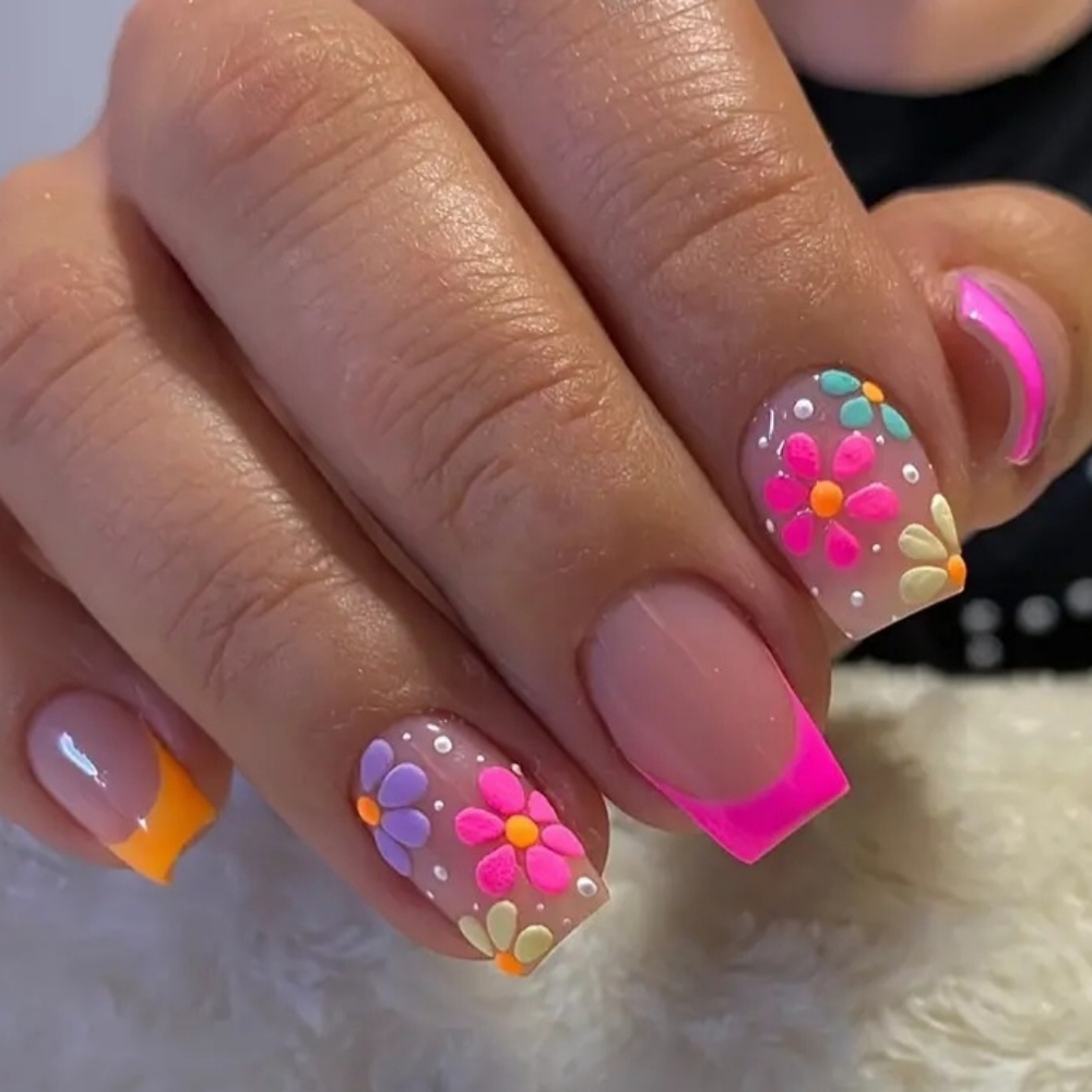 Press on Nails Colorful French Tip Short Square 24 Count